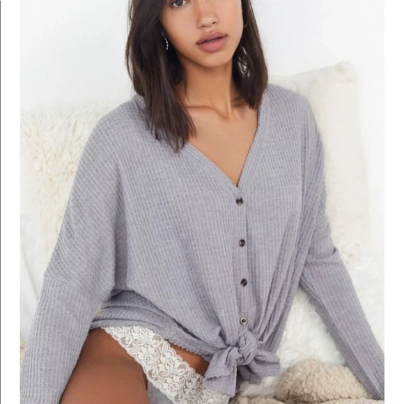 Urban Outfitters Out From Under Jojo Thermal Button Down Tie Front Top​​​​​​​​​​ - Picture 1 of 3